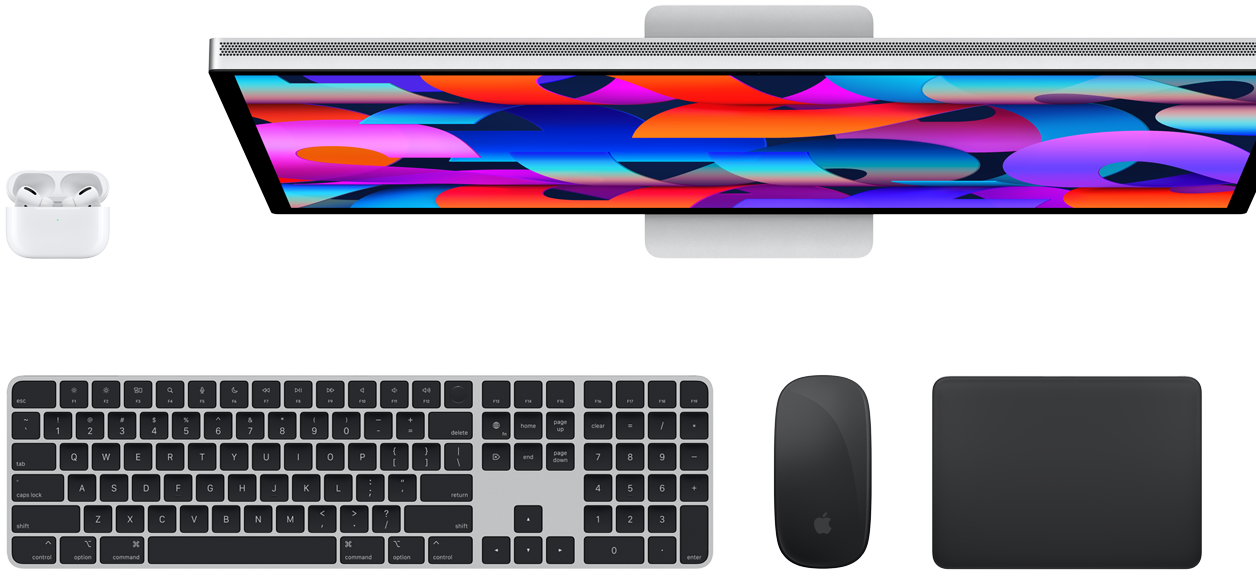 AirPods, Studio Display, Magic Keyboard, Magic Mouse et Magic Trackpad vus d’en haut