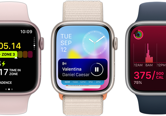 Une vue frontale de cinq Apple Watch montrant le plus grand nombre d’informations sur chaque écran grâce à la mise à jour watch OS 10.