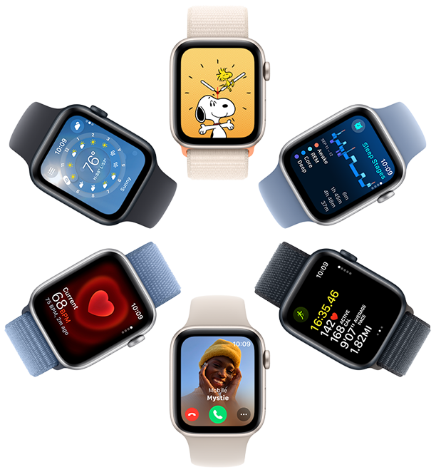 Une vue aérienne de six Apple Watch SE dont les six écrans affichent respectivement le fond d’écran Snoopy, des données de l’app Santé, des données de l’app Exercice, un appel entrant, la Fréquence cardiaque et l’app Météo.