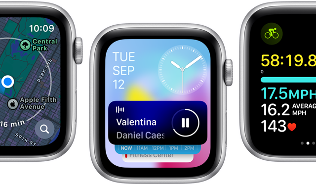 Vue avant de plusieurs écrans d’Apple Watch SE affichant différents écrans d’apps actualisées.