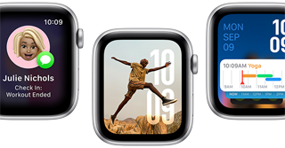 App Traduire, app Accompagnement, cadran Photos, cadran Modulaire et app Signes vitaux sur cinq Apple Watch SE