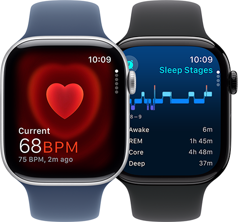 Deux Apple Watch Series 10, l’une affichant l’app Fréquence cardiaque avec une mesure à 68 BPM, et l’autre une notification d’apnée du sommeil.