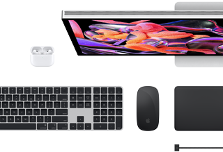 Accessoires pour Mac : Airpods, Studio Display, Magic Keyboard, Magic Mouse, Magic Trackpad, câble de charge MagSafe en noir sidéral