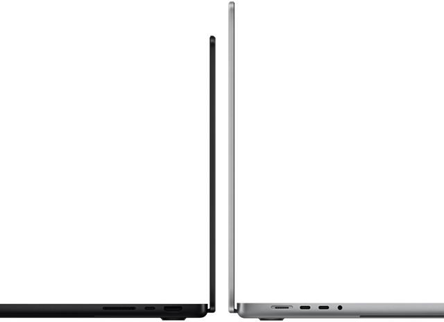 Un MacBook Pro 14 pouces et un MacBook Pro 16 pouces dos à dos, soulignant la différence de taille et la finesse du profil