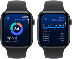Deux Apple Watch SE 3 avec boîtiers en aluminium minuit affichent un score de sommeil et une alerte de possible apnée du sommeil