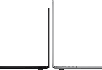 MacBook Pro 14 pouces et 16 pouces dos à dos, mettant en évidence la différence de taille et la finesse du profil