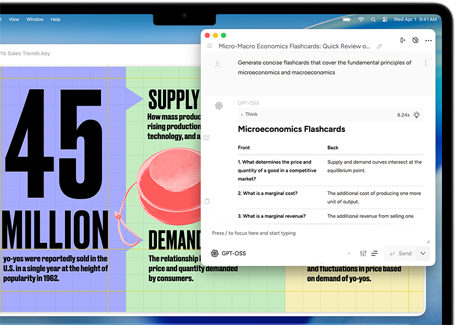 Écran de MacBook Air montrant les Outils d’écriture d’Apple Intelligence en train de créer des fiches de synthèse sur la micro et la macroéconomie