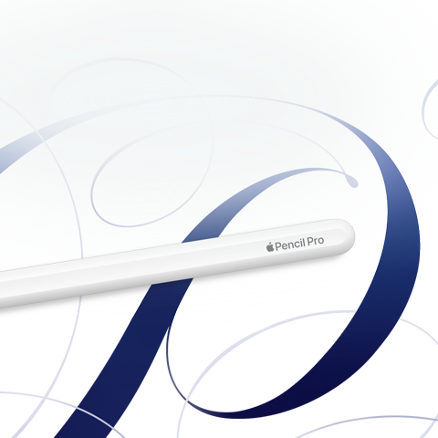Apple Pencil Pro, blanc, présenté sur un fond blanc avec des tourbillons bleus