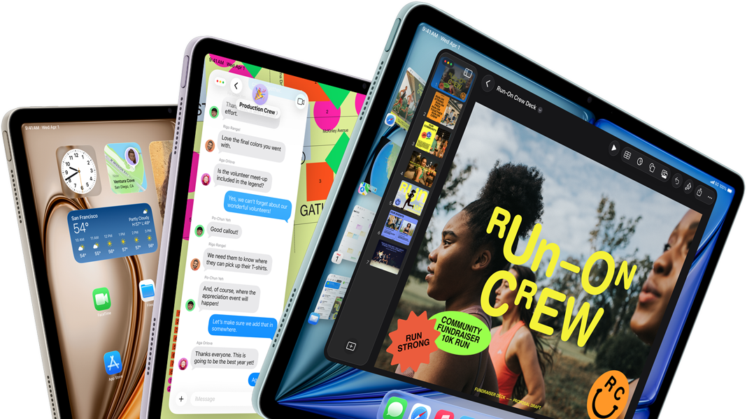 Trois écrans d’iPad Air disposés en éventail, coloris bleu, mauve, lumière stellaire, vue avant, vue latérale, écrans affichant les apps Keynote, Messages et l’écran d’accueil